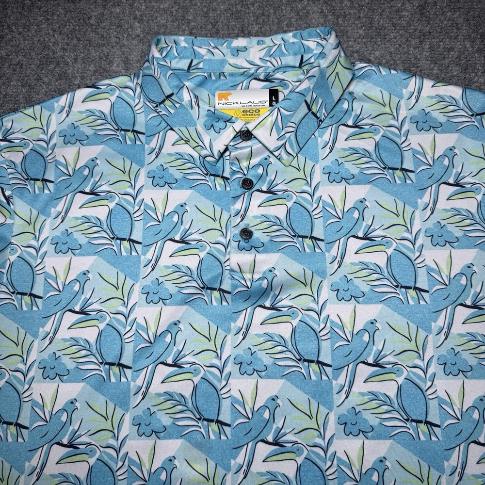 Jack Nicklaus Eco Choice Men Large Blue Toucan Tropical Bird Golf Polo Shirt